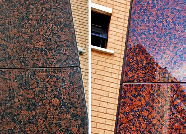 Granite facade panels before and after restoration