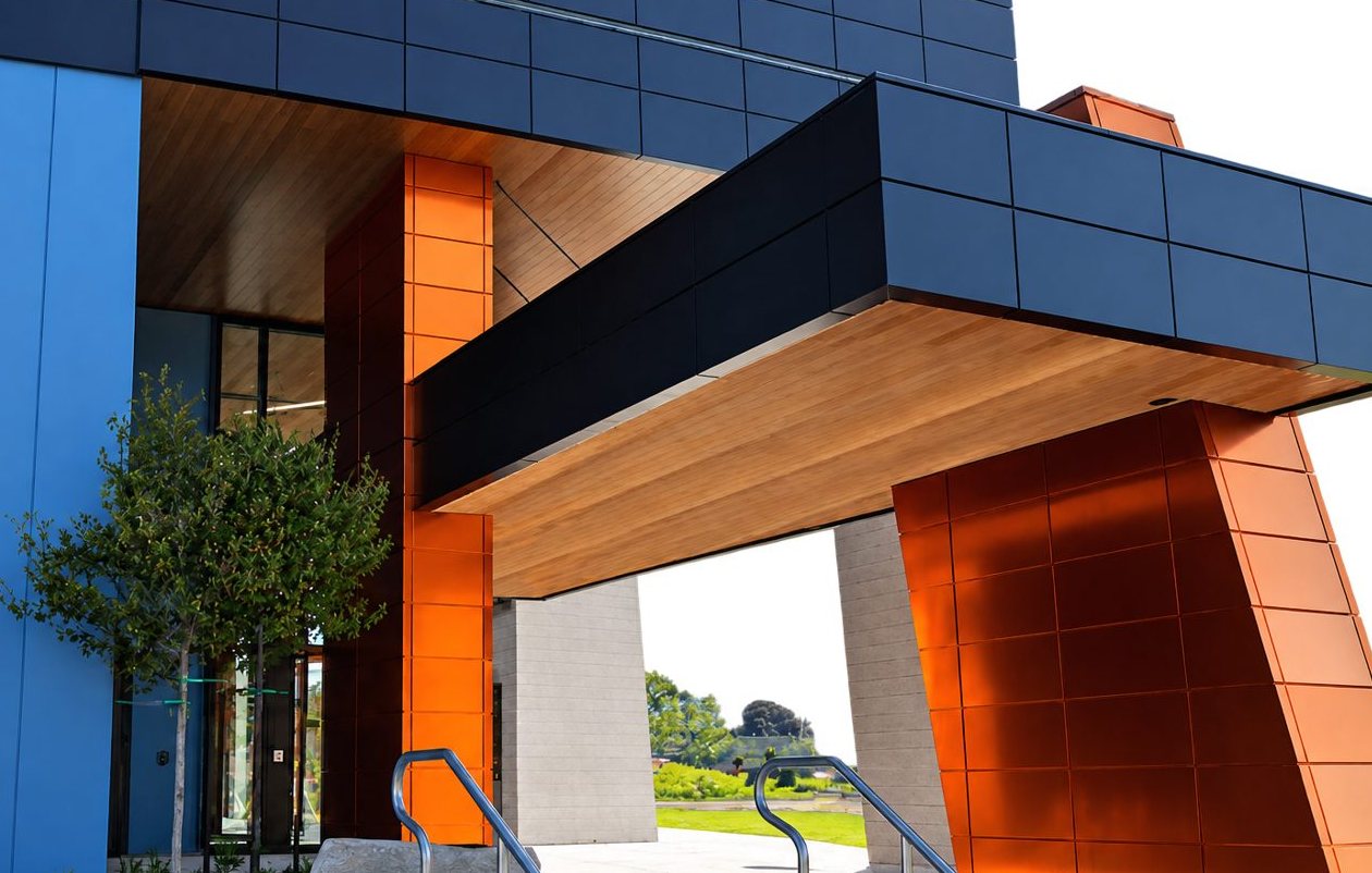 Building entrance clad in dark and copper-orange aluminium composite panels