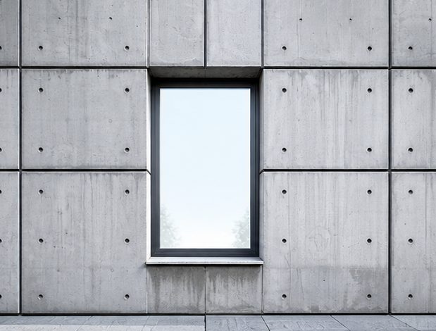 Textured concrete panel facade